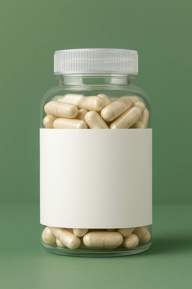 Glazen potje met capsules en een blanco etiket
