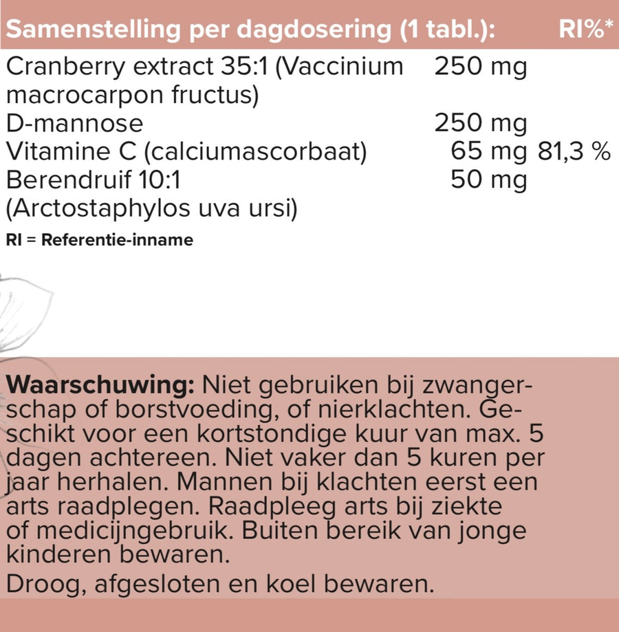 Etiket van Cranberry en D-Mannose met de samenstelling per tablet en de referentie-inname