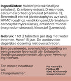 Achterzijde van Cranberry en D-Mannose met de ingrediëntenlijst en het gebruiksadvies