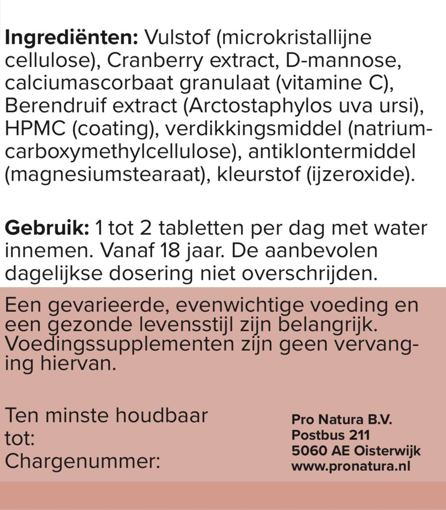 Achterzijde van Cranberry en D-Mannose met de ingrediëntenlijst en het gebruiksadvies