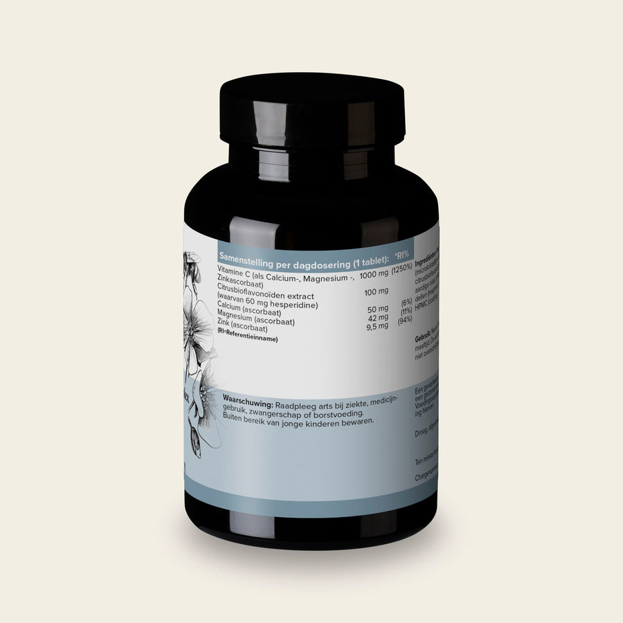 Etiket van Ascorbaten Complex Vitamine C1000 met de samenstelling per tablet en de referentie-inname