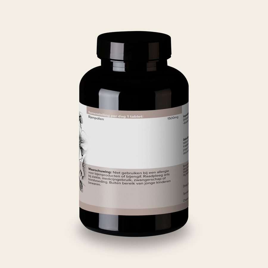 Etiket van Bijenpollen 1500 mg met de samenstelling per tablet en de referentie-inname