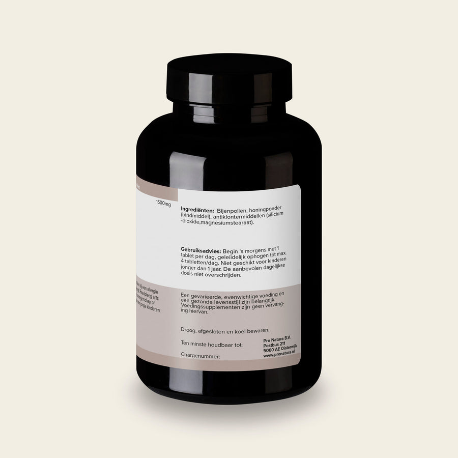 Achterzijde van Bijenpollen 1500 mg met de ingrediëntenlijst en het gebruiksadvies