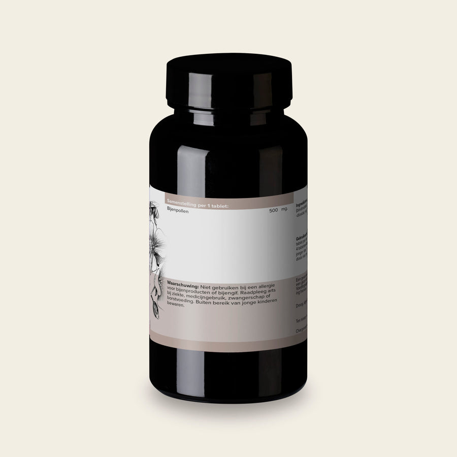 Etiket van Bijenpollen 500 mg met de samenstelling per tablet en de referentie-inname