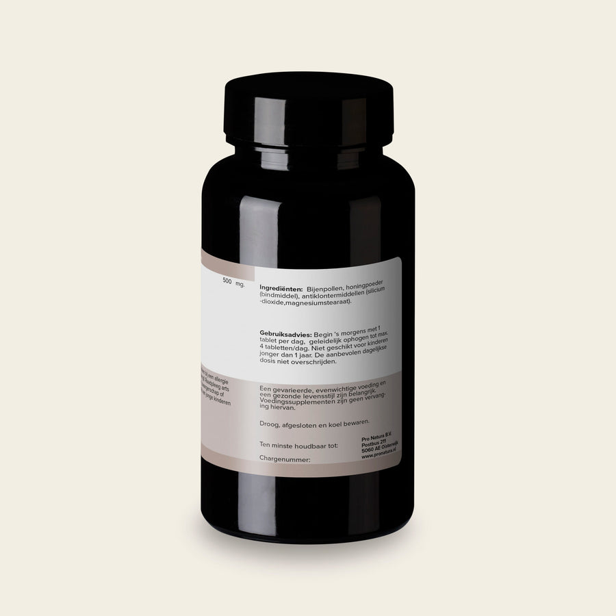Achterzijde van Bijenpollen 500 mg met de ingrediëntenlijst en het gebruiksadvies