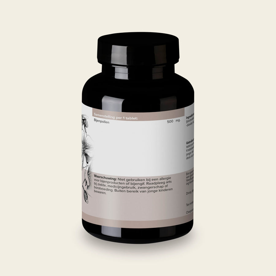 Etiket van de pot Bijenpollen 500 mg met 240 tabletten en de samenstelling per tablet