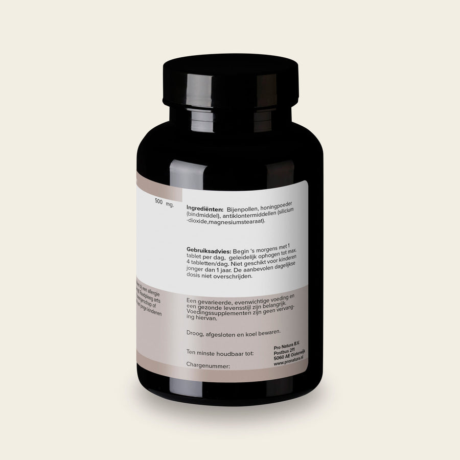 Achterzijde van Bijenpollen 500 mg met 240 tabletten, met ingrediënten en gebruiksadvies