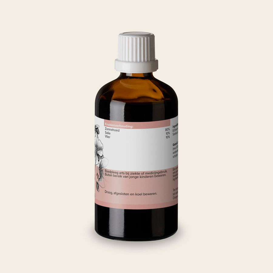 Etiket van Echinacea 100 ml met de kruidenverhouding en het gebruiksadvies