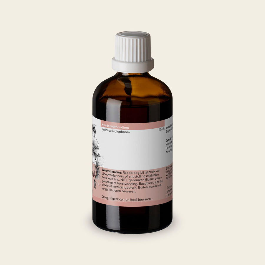 Etiket van Ginkgo Biloba 100 ml met de kruidenverhouding en het gebruiksadvies