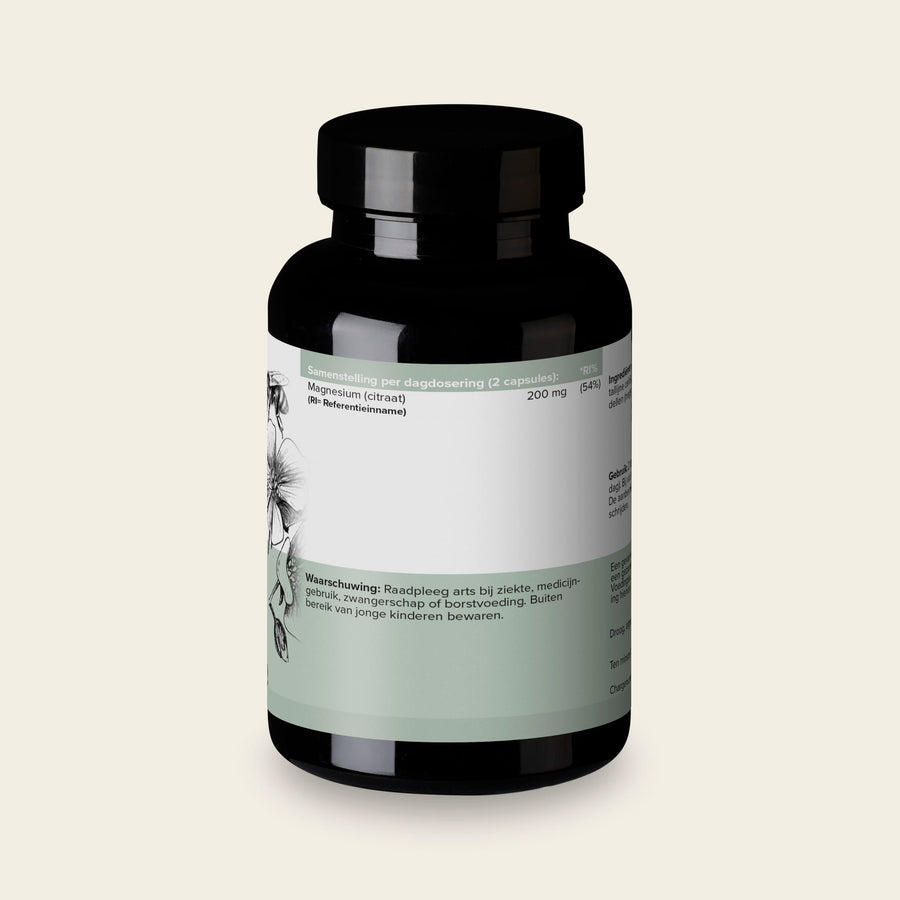 Etiket van Magnesium Citraat met de samenstelling per capsule en de referentie-inname