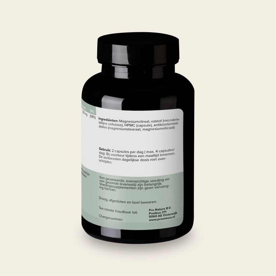 Achterzijde van Magnesium Citraat met de ingrediëntenlijst en het gebruiksadvies