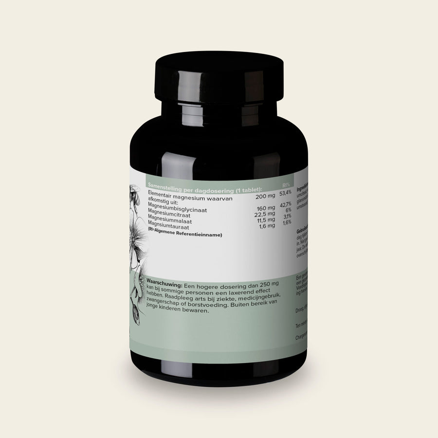 Etiket van Magnesium Complex met de samenstelling per tablet en de referentie-inname