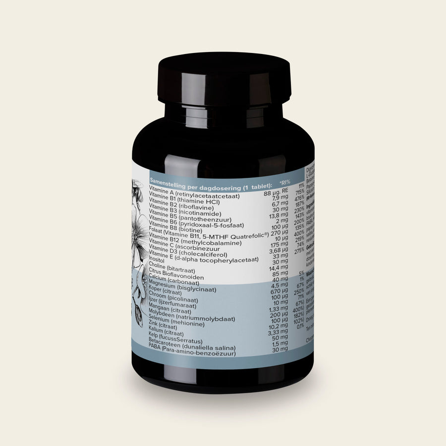 Etiket van Multivitamine met de samenstelling per tablet en de referentie-inname