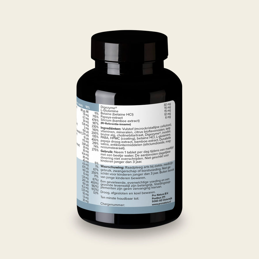 Achterzijde van Multivitamine met de ingrediëntenlijst en het gebruiksadvies