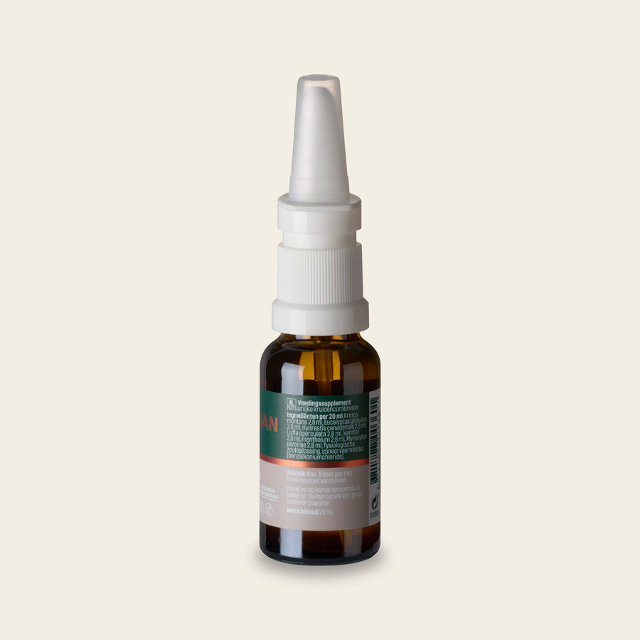 Etiket van de Natuurlijke Neusspray met de samenstelling en het gebruiksadvies