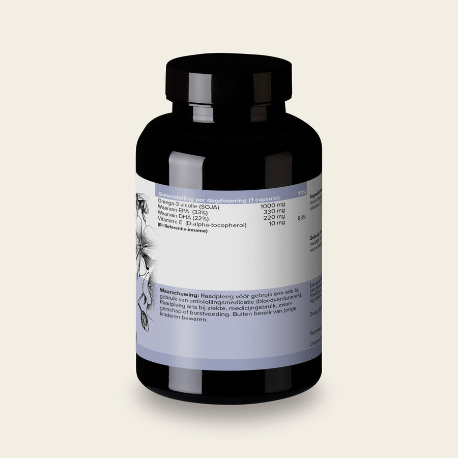 Etiket van Omega-3 visolie met de samenstelling per capsule en het gehalte EPA en DHA