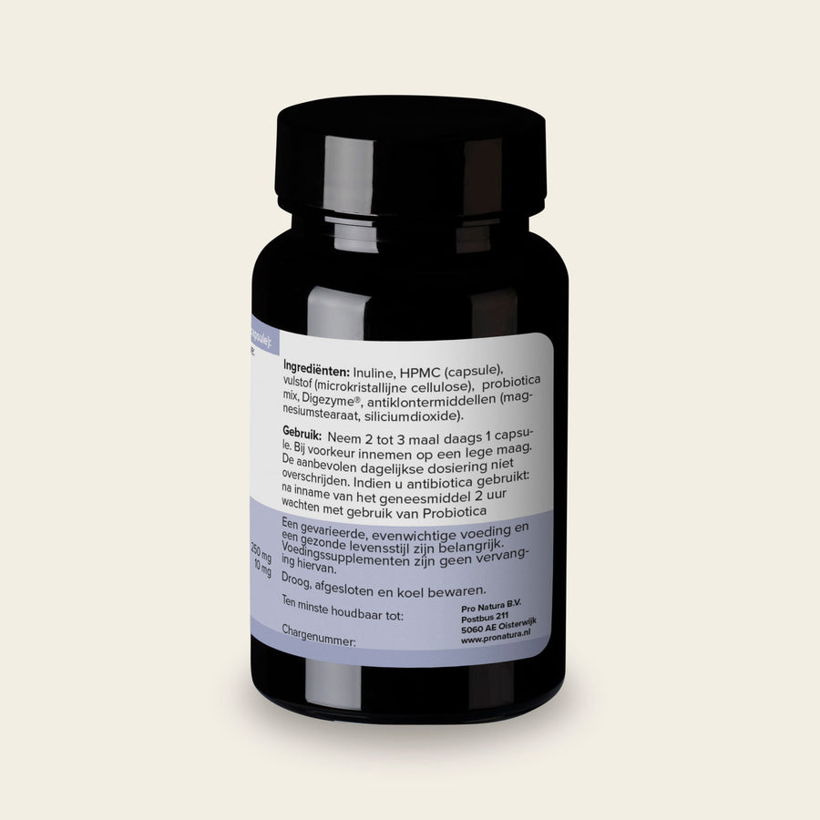 Achterzijde van Probiotica met de ingrediëntenlijst en het gebruiksadvies
