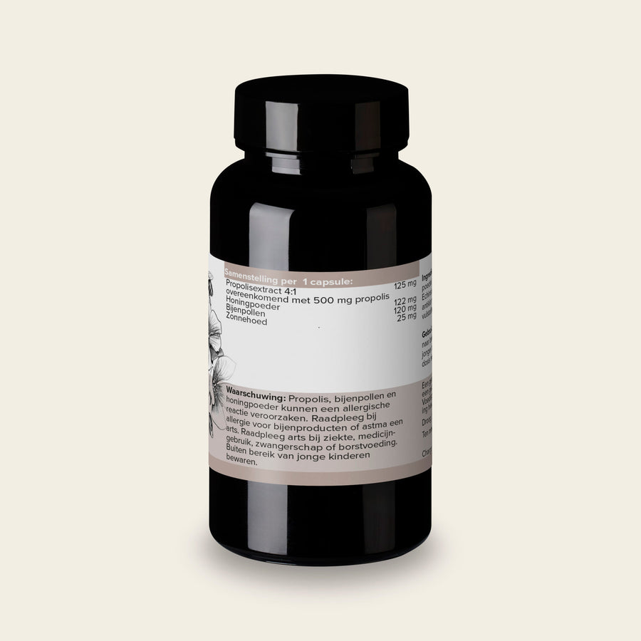 Etiket van Propolis capsules met de samenstelling per capsule en het gebruiksadvies