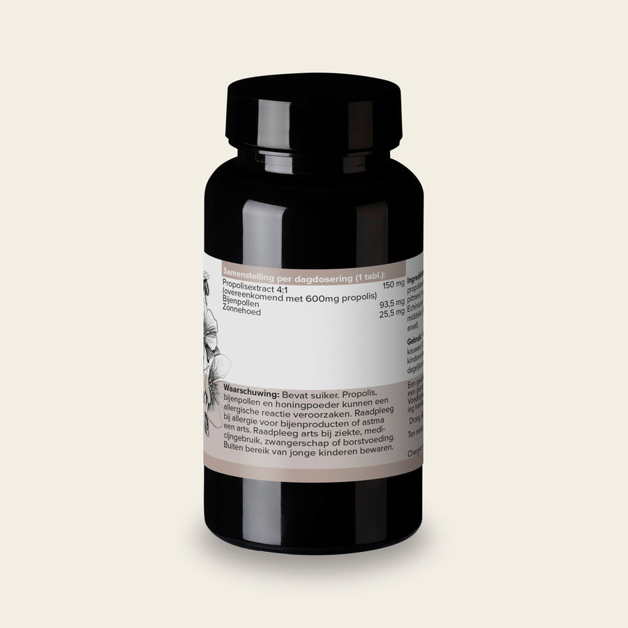 Etiket van Propolis Anijs met de samenstelling per tablet en het gebruiksadvies
