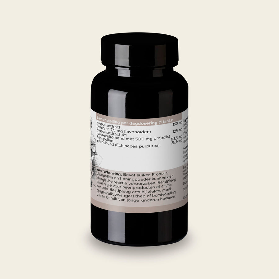 Etiket van Propolis Carob met de samenstelling per tablet en het gebruiksadvies