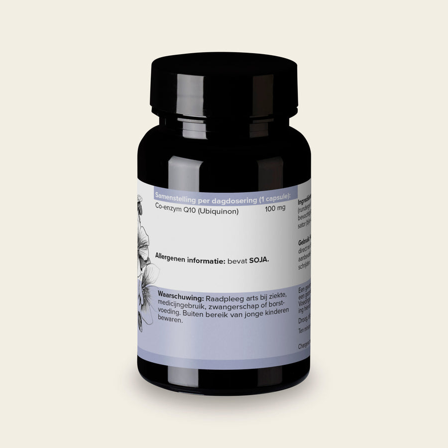 Etiket van Q10 100 mg met de samenstelling per softgel en het gebruiksadvies