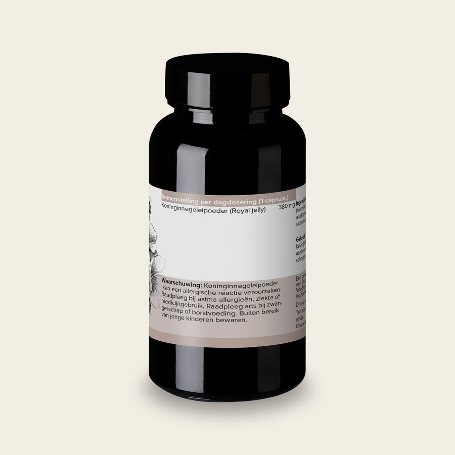 Etiket van Royal jelly met de samenstelling per capsule en het gebruiksadvies