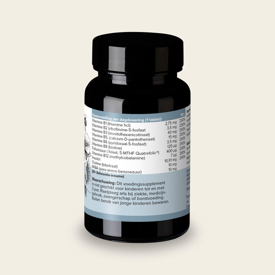 Etiket van Vitamine B complex Actief met de samenstelling per tablet en de referentie-inname