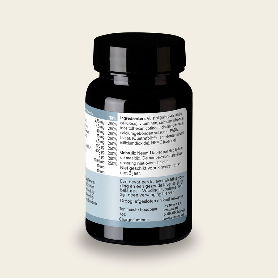 Achterzijde van Vitamine B complex Actief met de ingrediëntenlijst en het gebruiksadvies