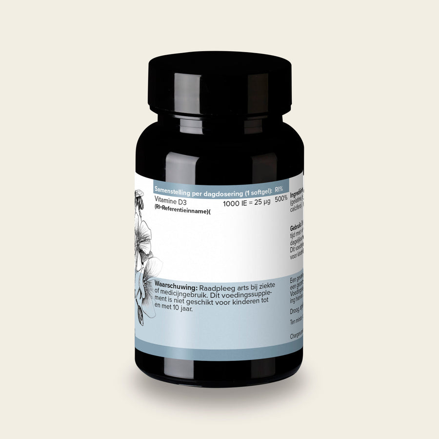 Etiket van Vitamine D3 met de samenstelling per softgel en de referentie-inname