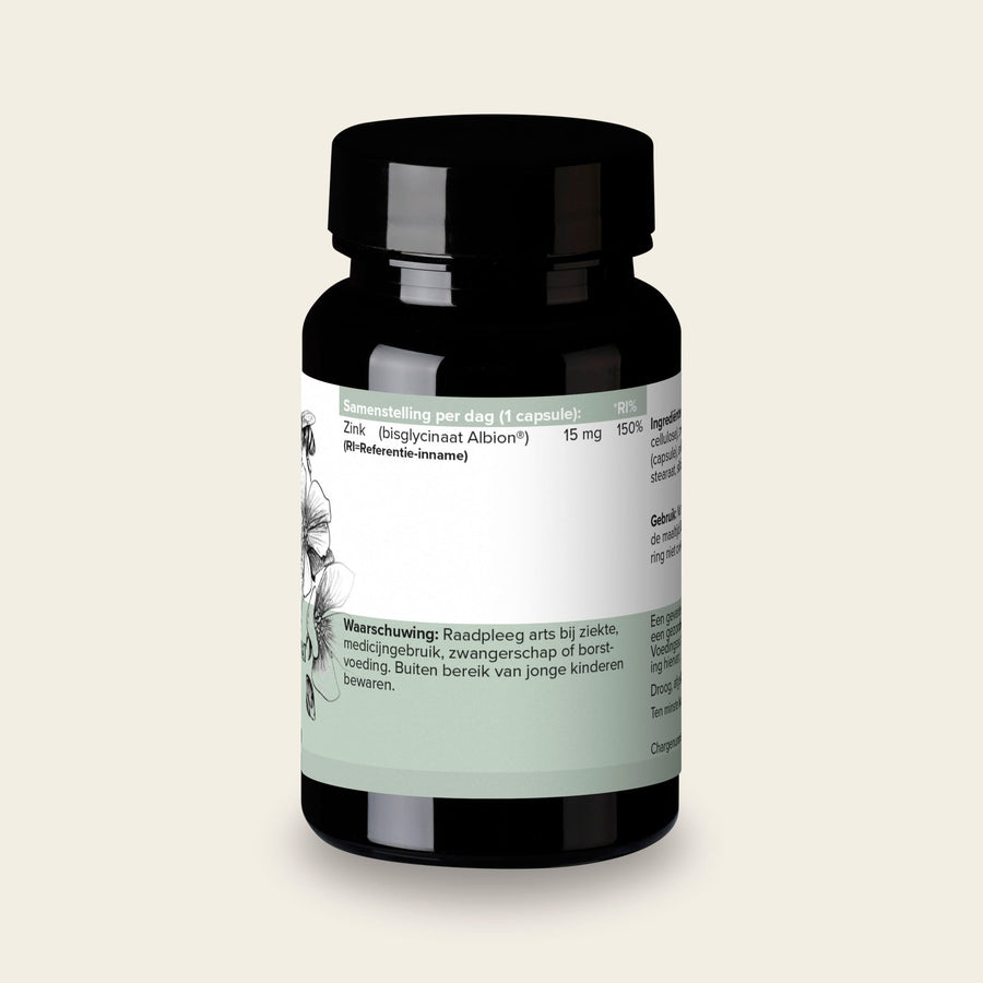 Etiket van Zink Bisglycinaat Albion met de samenstelling per capsule en de referentie-inname